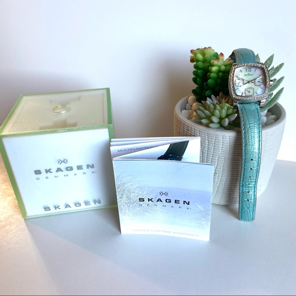 Skagen Mother of Pearl & Crystal Watch with Turquoise Crocodile Band - Picture 3 of 11